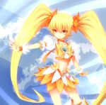 blonde_hair blue_background breasts brown_eyes cure_sunshine dextral dress futari_wa_precure gloves hair_ribbon heart heartcatch_precure! long_hair magical_girl midriff myoudouin_itsuki navel precure ribbon skirt smile solo twintails very_long_hair yellow_dress yellow_eyes 