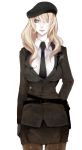 blonde_hair blue_eyes breasts gloves hair_over_one_eye hat highres large_breasts lips long_hair military military_uniform necktie nicole original pantyhose smile solo uniform 