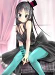  1girl akiyama_mio asymmetrical_clothes bare_shoulders black_eyes black_hair blue_legwear don&#039;t_say_&quot;lazy&quot; don&#039;t_say_lazy dress elbow_gloves fingerless_gloves gloves hat highres hime_cut k-on! legs long_hair pantyhose shikinyan top_hat young 