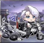  1girl bike biker blue_eyes ear_piercing flat_tire ground_vehicle motorcycle path_to_nowhere tomboy zoya_(wuqi_mitu) 