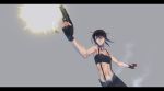  abs alphard bandeau black_hair blue_eyes breasts bullet canaan casing_ejection choker cleavage fingerless_gloves firing gloves gun hamada_youho handgun highres midriff muzzle_flash navel pistol racking_slide shell_casing simple_background solo suspenders tubetop unbuttoned weapon 