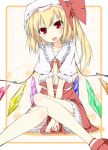  bad_id blonde_hair covering covering_crotch flandre_scarlet hat highres red_eyes sitting smile touhou 