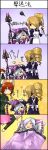  4koma :3 =_= angry apron blonde_hair comic cosmic_break drill_hair grey_hair hair_ornament hair_over_one_eye highres maril_march mecha_musume misty_hollow nicole_malice pink_hair red_hair redhead short_hair sleeping staff tesladonna winberrl 