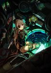  al_bhed_eyes brown_hair cable cyborg feet_in_water highres long_hair looking_back looking_up muruaka original parts_exposed pink_eyes ringed_eyes sitting soaking_feet solo thigh-highs thighhighs toolbox tools very_long_hair water wrench 