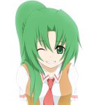  green_hair grin higurashi_no_naku_koro_ni necktie nemu_(nebusokugimi) ponytail school_uniform smile sonozaki_mion wink 
