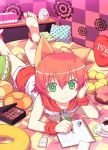  animal_ears barefoot bed cat_ears checkered chocolate digital_media_player doughnut drawing feet green_eyes ipod lying on_stomach original pencil pillow red_hair redhead ryouchin short_hair shorts smile soles solo 