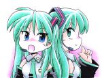  bare_shoulders blue_eyes blush cosplay detached_sleeves frills green_eyes green_hair hatsune_miku hatsune_miku_(cosplay) headset hiiragi_kagami long_hair lucky_star microphone multiple_girls necktie norio norio_(459factory) open_mouth pointing profile simple_background smile traditional_media tsurime twintails vocaloid 