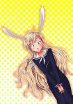  blush bunny_ears highres maria-sama_ga_miteru open_mouth rabbit_ears school_uniform shirotae_(robamimi) simple_background solo surprise surprised toudou_shimako 