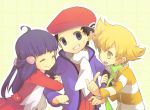  arm_grab black_hair blonde_hair blue_eyes blue_hair hat hikari_(pokemon) hikari_(pokemon)_(remake) jun_(pokemon) jun_(pokemon)_(remake) kouki_(pokemon) kouki_(pokemon)_(remake) pokemon pokemon_(game) pokemon_dppt scarf sweatdrop yellow_eyes yoyterra 