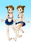  bad_id barefoot bikini brown_eyes brown_hair futami_ami futami_mami hanatsuka idolmaster legs multiple_girls short_hair siblings side_ponytail sisters skirt striped striped_bikini striped_swimsuit swimsuit takase_(t_k_s) twins 