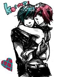  1girl ayumuta blue_hair couple heart hug kaito meiko pink_hair short_hair tegaki vocaloid wink 