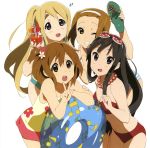  absurdres akiyama_mio bikini detexted drink flower goggles goggles_on_head hair_flower hair_ornament highres hirasawa_yui innertube k-on! kotobuki_tsumugi multiple_girls sandals side_ponytail swimsuit tainaka_ritsu v wink 