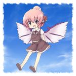  akagaminanoka alternate_hairstyle animal_ears arms_behind_back bow earring earrings fuuen_(akagaminanoka) hair_bow jewelry midriff mystia_lorelei navel no_socks open_mouth pink_eyes pink_hair ponytail sandals short_hair shorts sky smile solo touhou wings 