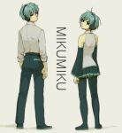  alternate_hairstyle aqua_hair dual_persona from_behind genderswap hatsune_miku hatsune_mikuo headphones kawai_(nrksrk) pants reverse_trap short_hair skirt standing vocaloid 