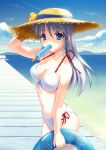  blue_eyes breasts clannad cleavage hat long_hair popsicle sakagami_tomoyo silver_hair straw_hat swimsuit xiaojing xj_(artist) 