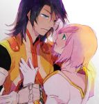  1girl armor bad_id black_hair caress couple estellise_sidos_heurassein eye_contact gloves green_eyes hand_on_another's_chest hand_on_chest koku_666 pink_hair raven schwann_oltorain short_hair surcoat tales_of_(series) tales_of_vesperia white_background white_gloves wrist_grab 