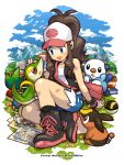  blue_eyes brown_hair crayon hal_(artist) hat highres mountain oshawott poke_ball pokemon pokemon_(game) pokemon_black_and_white pokemon_bw ponytail reshiram shorts snivy tepig touko_(pokemon) zekrom 