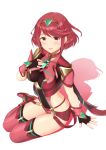  1girl armor bangs blush bodysuit boots breasts covered_navel earrings fingerless_gloves full_body gloves hand_on_own_chest highres pyra_(xenoblade) jewelry legs_together looking_at_viewer medium_breasts open_mouth red_eyes redhead rojiko_(275026) shadow short_hair simple_background sitting smile solo swept_bangs thigh-highs thigh_boots tiara white_background xenoblade_(series) xenoblade_2 