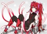  alternate_color alternate_hair_color arisaka_ako bodysuit boots elbow_gloves gloves hatsune_miku headphones headset long_hair red_eyes red_hair redhead sitting smile solo twintails vocaloid 