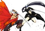  1girl 4chan battle black_rock_shooter black_rock_shooter_(character) boots crossover drawfag epic kamina katana shirtless sword tengen_toppa_gurren_lagann weapon 