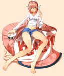  blue_eyes feet hat hay headphones hot_pants legs midriff navel newwan open_mouth original pink_hair sailor_hat short_shorts shorts simple_background sitting solo unbuttoned 