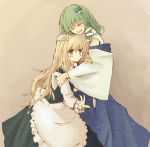  apron blonde_hair closed_eyes detached_sleeves embarrassed frog green_eyes green_hair hand_on_head hug kirisame_marisa kochiya_sanae multiple_girls no_hat no_headwear tes_(unpre) touhou waist_apron wide_sleeves 