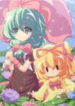  2girls blonde_hair bow brown_dress clouds cloudy_sky dress flower front_ponytail green_eyes green_hair hair_bow hair_ribbon highres kagiyama_hina long_sleeves medicine_melancholy multiple_girls nullpooo petals rain ribbon short_sleeves sky smile snail touhou umbrella wide_sleeves wrist_cuffs yellow_dress |_| 