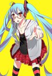  ahoge aqua_hair bespectacled extpil glasses hatsune_miku hoodie kocchi_muite_baby_(vocaloid) long_hair mota_(extpil) plaid project_diva project_diva_2nd red_eyes skirt solo striped striped_legwear striped_thighhighs tartan thigh-highs thighhighs twintails very_long_hair vocaloid zettai_ryouiki 