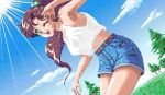  bishoujo_senshi_sailor_moon brown_hair cloud crop_top denim denim_shorts dutch_angle green_eyes hair_bobbles hair_ornament kino_makoto long_hair midriff oekaki pc98 ponytail shorts sly smile tank_top tree wet wince wink 