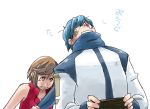  1girl blood blue_hair brown_hair couple kaito madder meiko sad scarf translated translation_request vocaloid 
