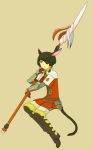  animal_ears armor boots brown_eyes brown_hair eyepatch final_fantasy final_fantasy_xiv gloves miqo&#039;te polearm simple_background sitting solo tail weapon 