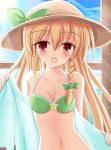  bare_shoulders bikini blonde_hair blush bow braid breasts cleavage hair_bow hat kirisame_marisa navel red_eyes solo sun swimsuit touhou window yuzin 