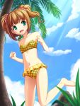  beach bikini fujimiya_yuu idolmaster open_mouth plaid sky smile solo swimsuit takatsuki_yayoi tree twintails 