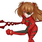  bodysuit brown_hair clenched_hand clenched_hands clenched_teeth eyepatch grin kanna_asuke lance lance_of_longinus long_hair neon_genesis_evangelion plugsuit polearm rebuild_of_evangelion shikinami_asuka_langley simple_background smile solo souryuu_asuka_langley spear teeth weapon 