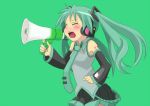  bare_shoulders blush closed_eyes cosplay detached_sleeves dorinko frown green_hair hatsune_miku hatsune_miku_(cosplay) headphones headset hiiragi_kagami long_hair lucky_star megaphone microphone necktie open_mouth pleated_skirt shouting simple_background skirt solo twintails vocaloid 