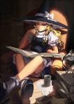  alphonse armchair blonde_hair bobby_socks book braid crossed_legs feather_pen feet_on_table foreshortening hat kirisame_marisa legs mary_janes quill reading shade shoes sitting smile socks touhou white_legwear witch_hat yellow_eyes 