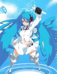  arm_up armor bad_id blue blue_eyes blue_hair boots foreshortening gloves grin hatsune_miku headset jc long_hair nail_polish navel polka_dot skirt smile solo standing sword thigh-highs thigh_boots thighhighs twintails very_long_hair vocaloid weapon zettai_ryouiki 