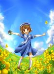  brown_hair child clannad fisheye flower flower_field hat hiiragi_namiki okazaki_ushio open_mouth outstretched_arms robot sailor_dress school_uniform short_hair solo spread_arms toy 