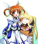  blonde_hair blue_eyes blush brown_hair chibi fate_testarossa hair_ribbon mahou_shoujo_lyrical_nanoha mahou_shoujo_lyrical_nanoha_a&#039;s mahou_shoujo_lyrical_nanoha_the_movie_1st ribbon sen_(astronomy) smile takamachi_nanoha twintails 