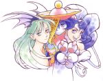  90s animal_ears bat_wings bengus blue_eyes blue_hair blue_skin breasts capcom claws cleavage crmk darkstalkers demon_girl felicia fur geung_si green_hair hat highres jiangshi lei_lei monster_girl morrigan_aensland multiple_girls official_art ofuda simple_background succubus vampire_(game) wings 