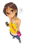  cellphone freckles from_above glasses hair_ornament hairclip jeans midriff panties phone short_hair strap_cleavage tan tanline underwear yamamoto_canponi 