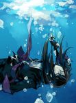  asphyxiation belt black_hair blue_background bubble closed_eyes drowning fingerless_gloves gloves long_hair male open_clothes open_shirt shirt solo starshadowmagician tales_of_(series) tales_of_vesperia underwater yuri_lowell 