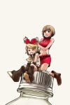  age_difference boots bottle bow hair_ornament hairpin happy kagamine_rin madder meiko multiple_girls shorts skirt smile vocaloid 