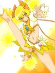  agahat blonde_hair cure_sunshine dress futari_wa_precure hair_ribbon heart heartcatch_precure! highres kicking long_hair magical_girl midriff myoudouin_itsuki navel precure ribbon skirt solo twintails very_long_hair yellow yellow_background yellow_dress yellow_eyes 