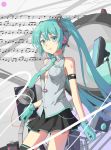  aqua_eyes aqua_hair armband bad_id cleavage evers gloves hatsune_miku headphones long_hair musical_note necktie skirt smile solo speaker thighhighs twintails very_long_hair vocaloid 