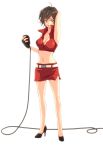  bad_id belt breasts brown_hair cleavage crop_top fingerless_gloves gloves high_heels highres kanako_(s.lips) large_breasts meiko microphone midriff red shoes short_hair skirt smile solo vocaloid 