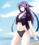  bikini ginga_nakajima green_eyes jacket long_hair mahou_shoujo_lyrical_nanoha mahou_shoujo_lyrical_nanoha_strikers midriff purple_hair swimsuit 