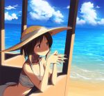  brown_eyes brown_hair butt_crack chihaya_72 hagiwara_yukiho halter_top halterneck hat idolmaster midriff ocean short_hair solo steepled_fingers straw_hat sun_hat sunlight 