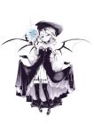  alternate_costume bare_shoulders bat_wings curtsey detached_sleeves dress flower hat i-la lace lace-trimmed_thighhighs monochrome red_eyes remilia_scarlet short_hair simple_background smile solo spot_color thigh-highs thighhighs touhou transparent_background wings 
