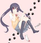  :o cat_pose k-on! kneehighs long_hair nakano_azusa paw_pose paw_print plus9 school_uniform shoes shoes_removed skirt solo sweater_vest twintails uwabaki very_long_hair 